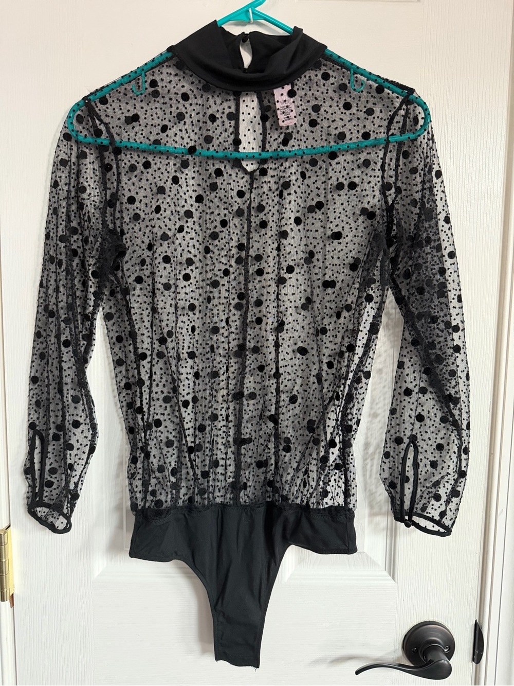 Victoria's Secret Black Sheer Polka Dot Long Sleeve mock neck Bodysuit Sexy S - Picture 1 of 4
